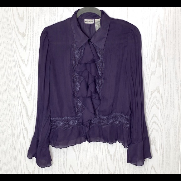 Vintage Tops - Vintage Purple Lace Ruffle Button Up Top with Bell Sleeves Size Small